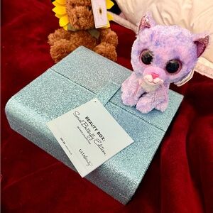 NWT Blue Glitter Beauty Box with Purple Cat and Sun Bear Plushies
